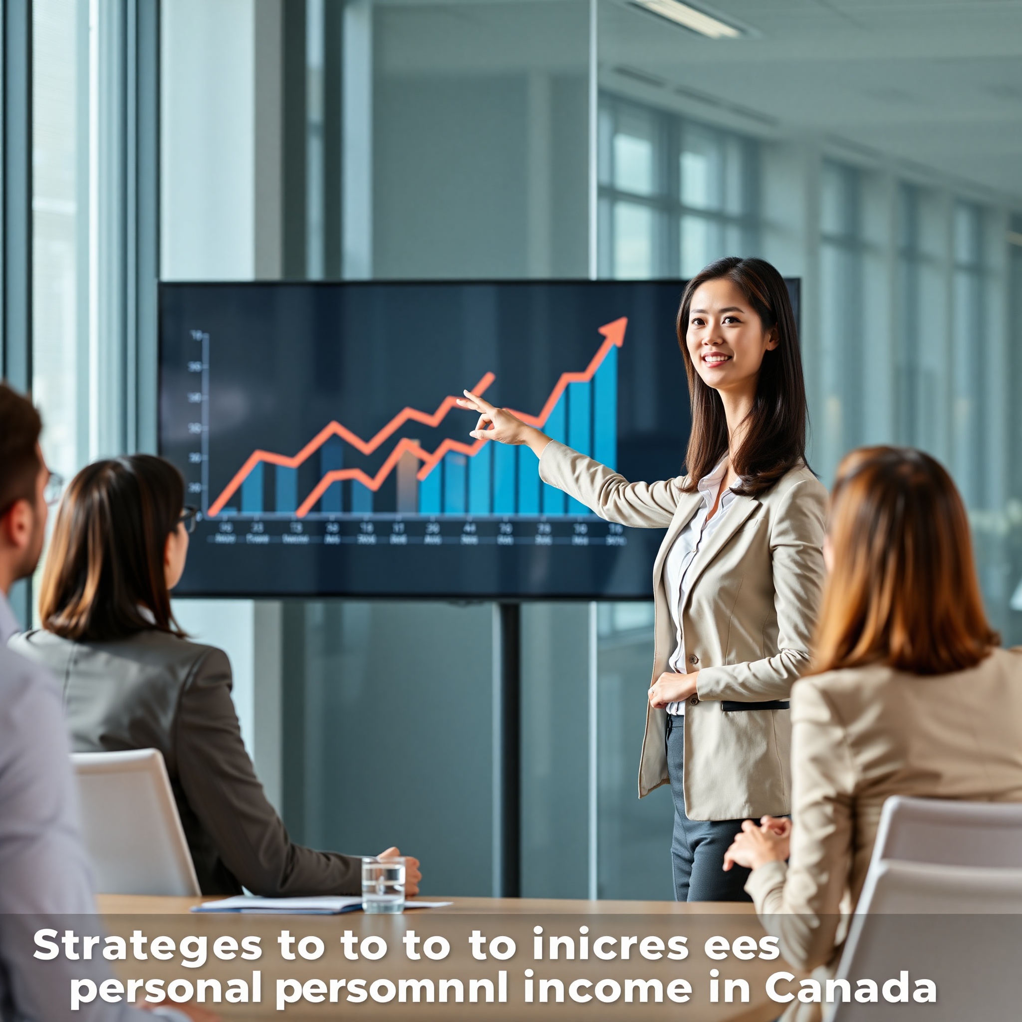 Business professional presenting growth strategy with upward trending graph on presentation screen to team members