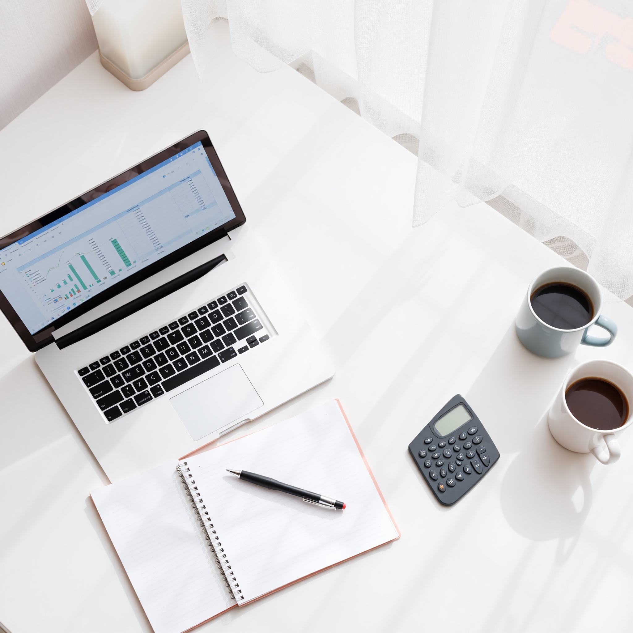 Professional workspace with laptop displaying financial documents and calculator