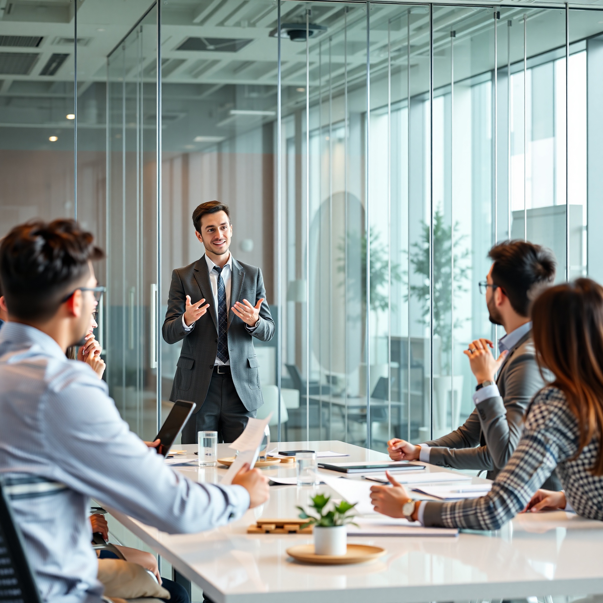 Business professional presenting in modern office meeting room with colleagues