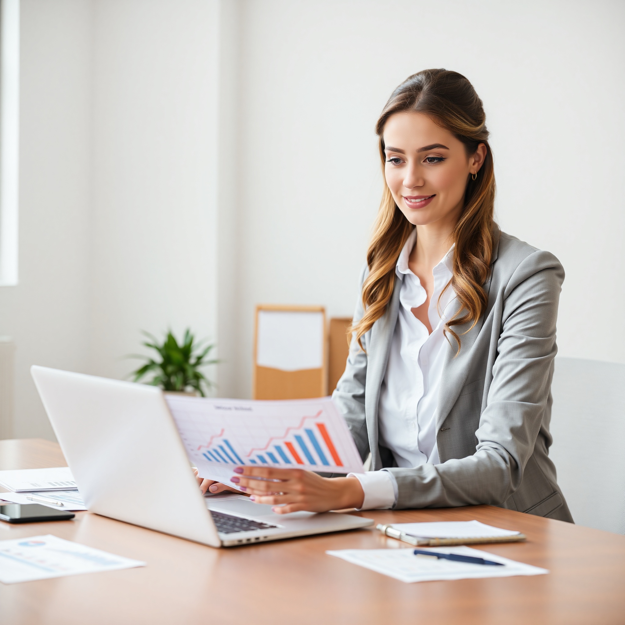 Professional woman analyzing financial growth charts on laptop in modern office environment with natural lighting