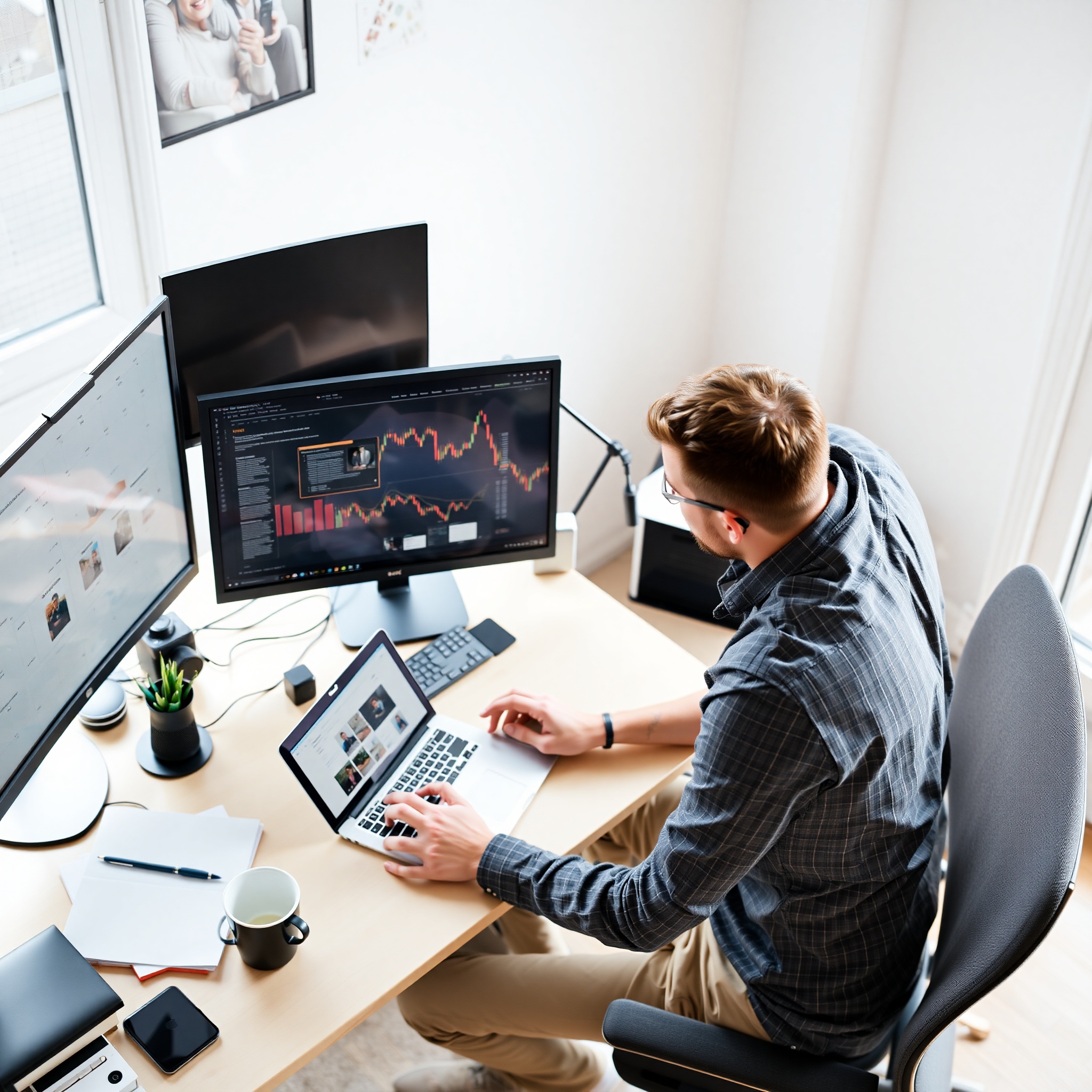 Professional freelancer working at laptop with portfolio and client projects displayed on desk