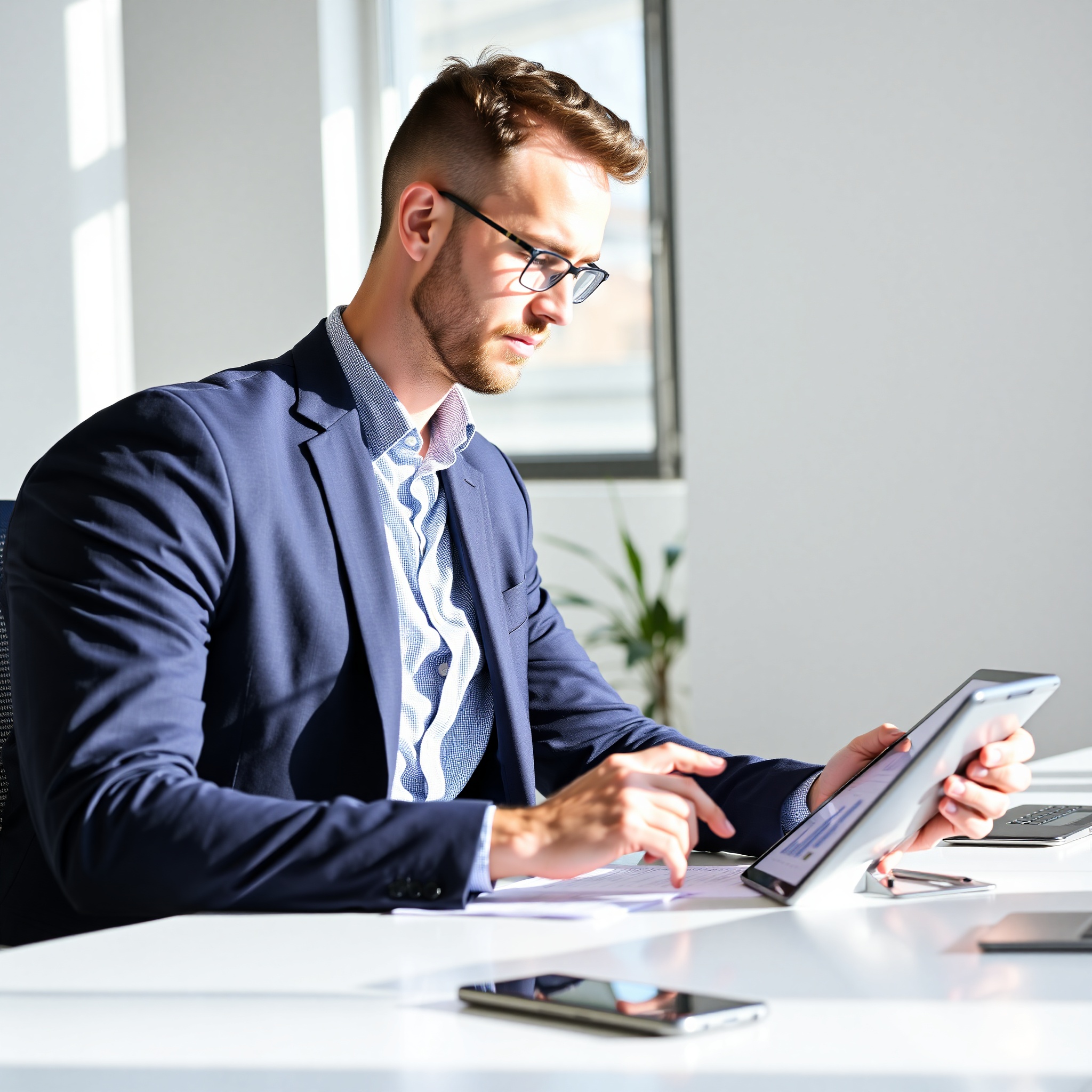 Man in business suit reviewing career advancement documents and market salary reports at modern office desk