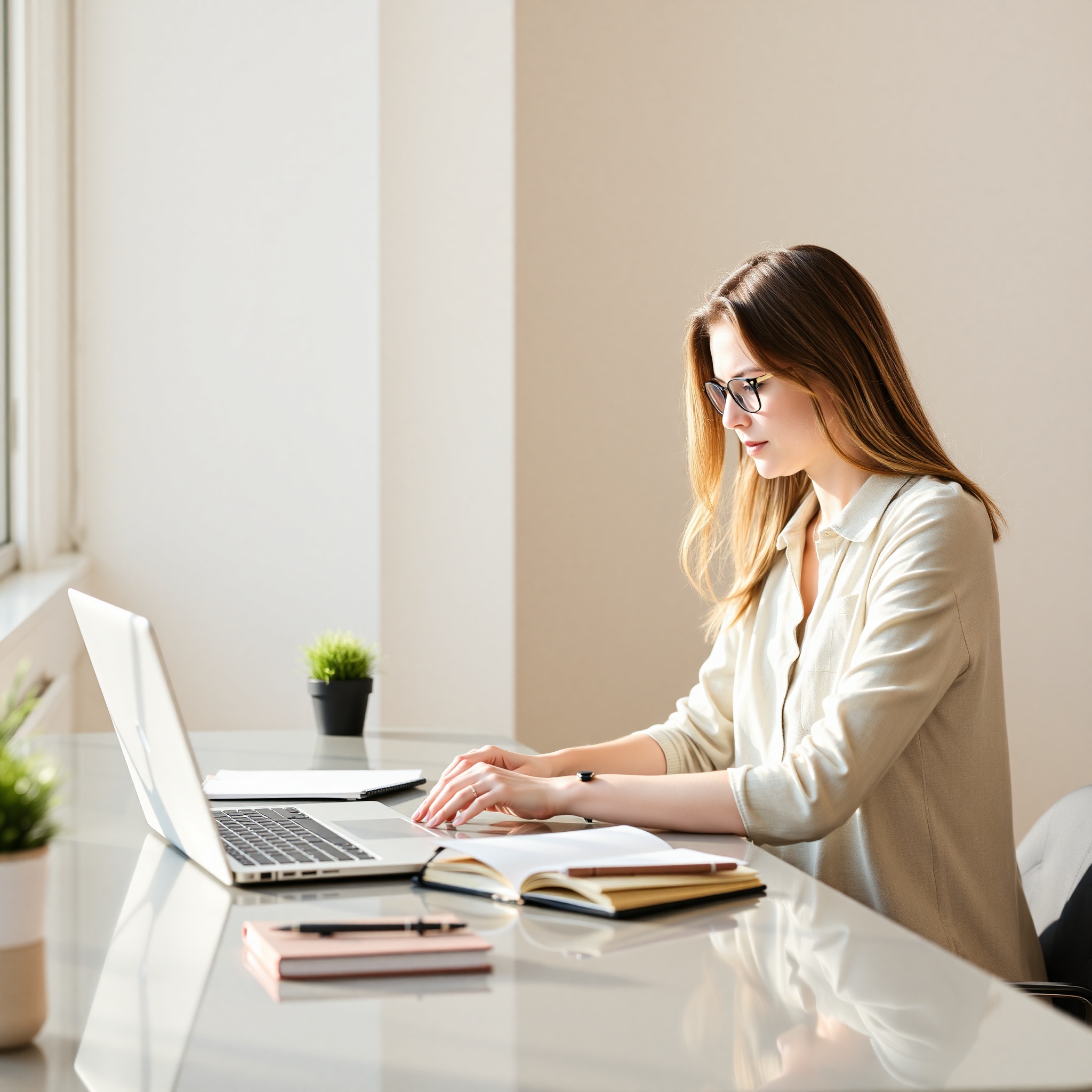 Freelancer working at desk with laptop and coffee, focused on project work