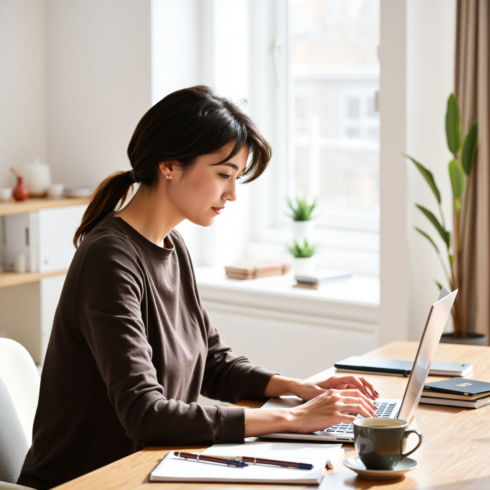 Professional woman studying advanced programming on laptop at modern workspace