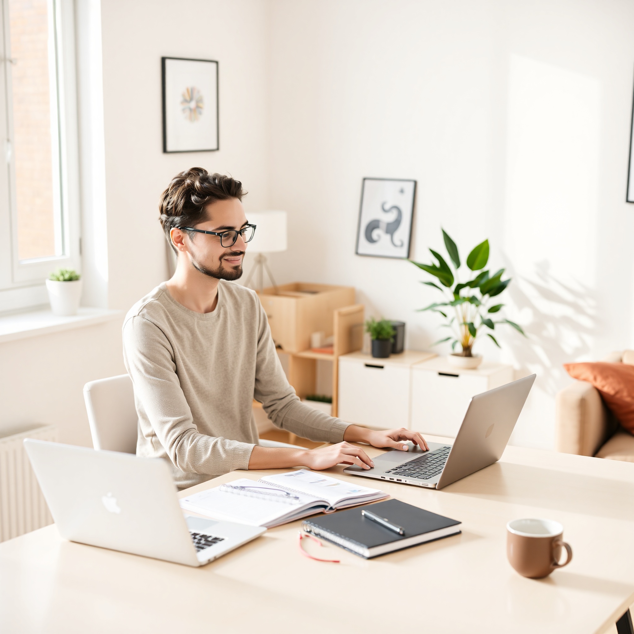 Professional freelancer working at home office desk with laptop and documents, natural window lighting