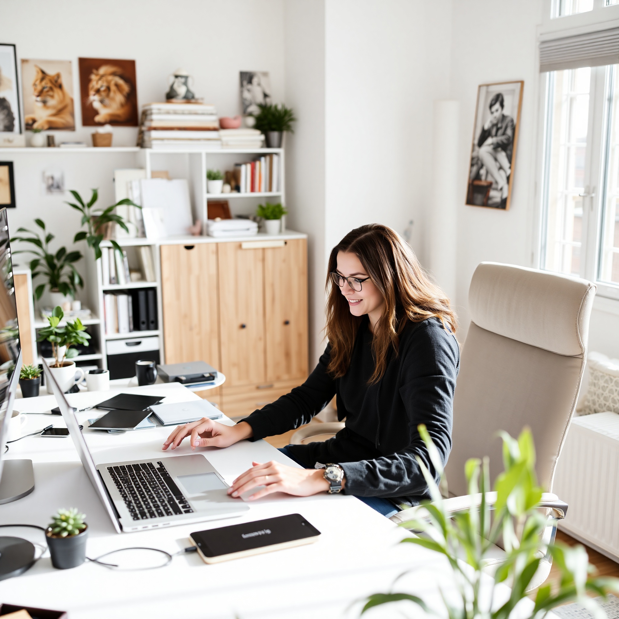 Professional freelancer working at desk with laptop and project materials
