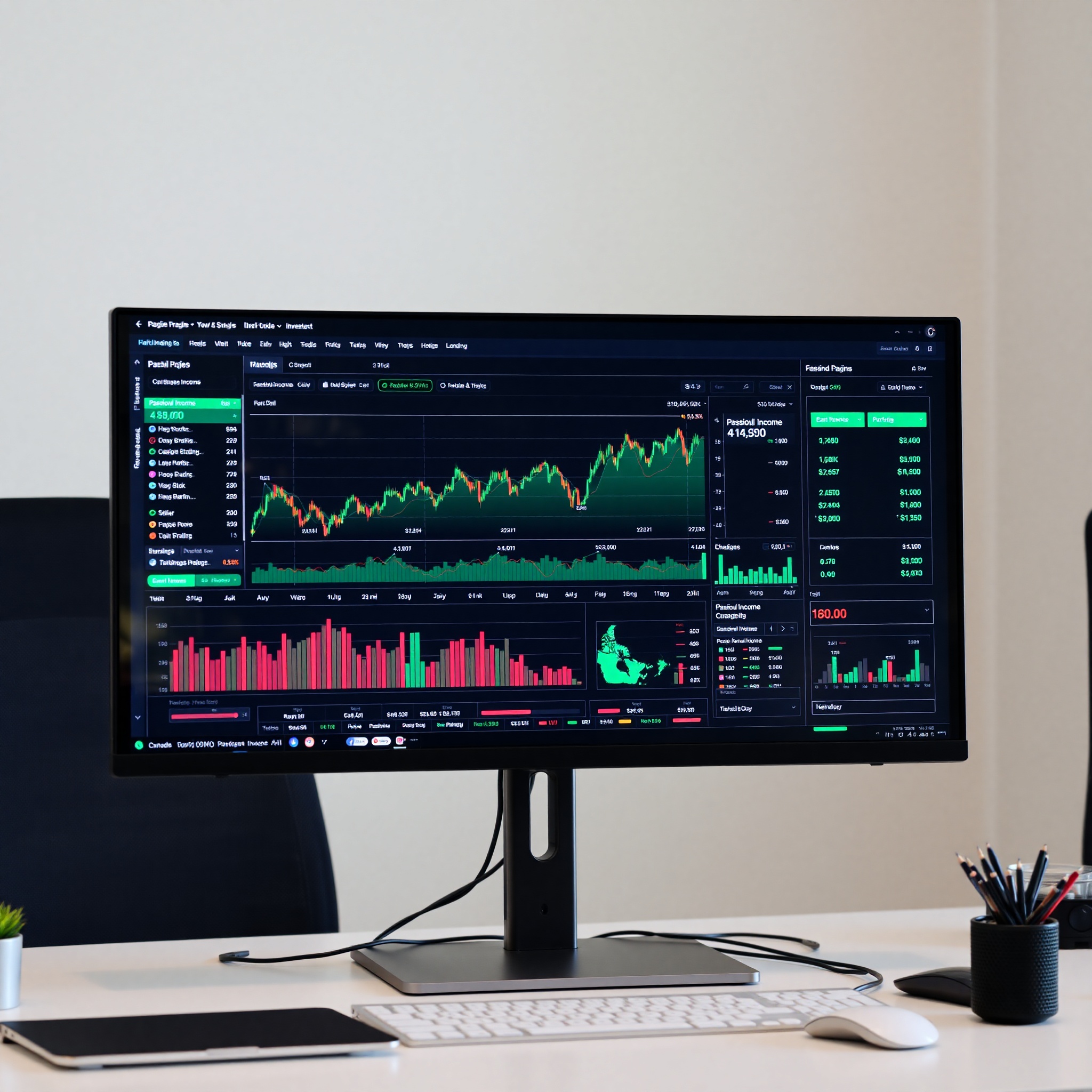 Investment portfolio dashboard showing stocks, bonds, and passive income sources on computer screen