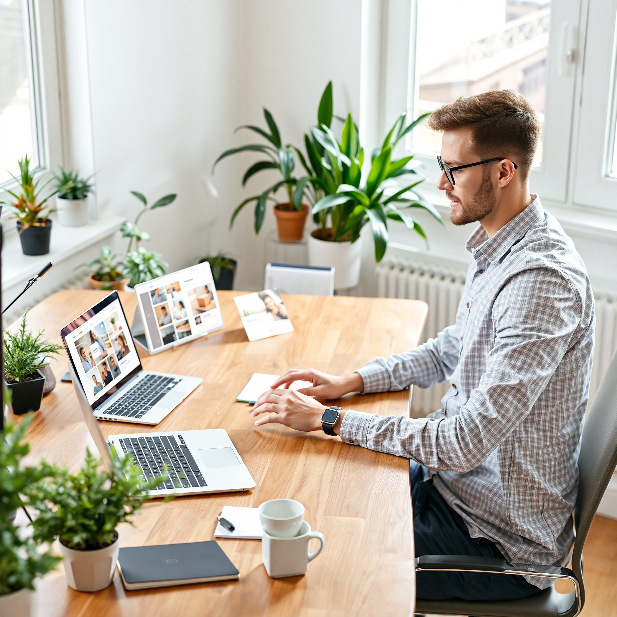 Professional freelancer working at laptop with portfolio and client projects displayed on desk