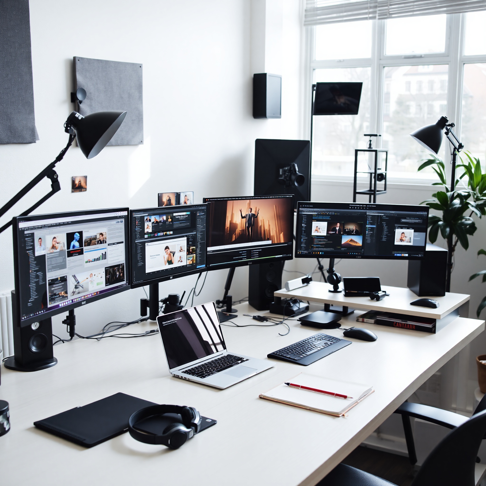 Creative workspace showing digital content creation with laptop displaying online course platform and design tools