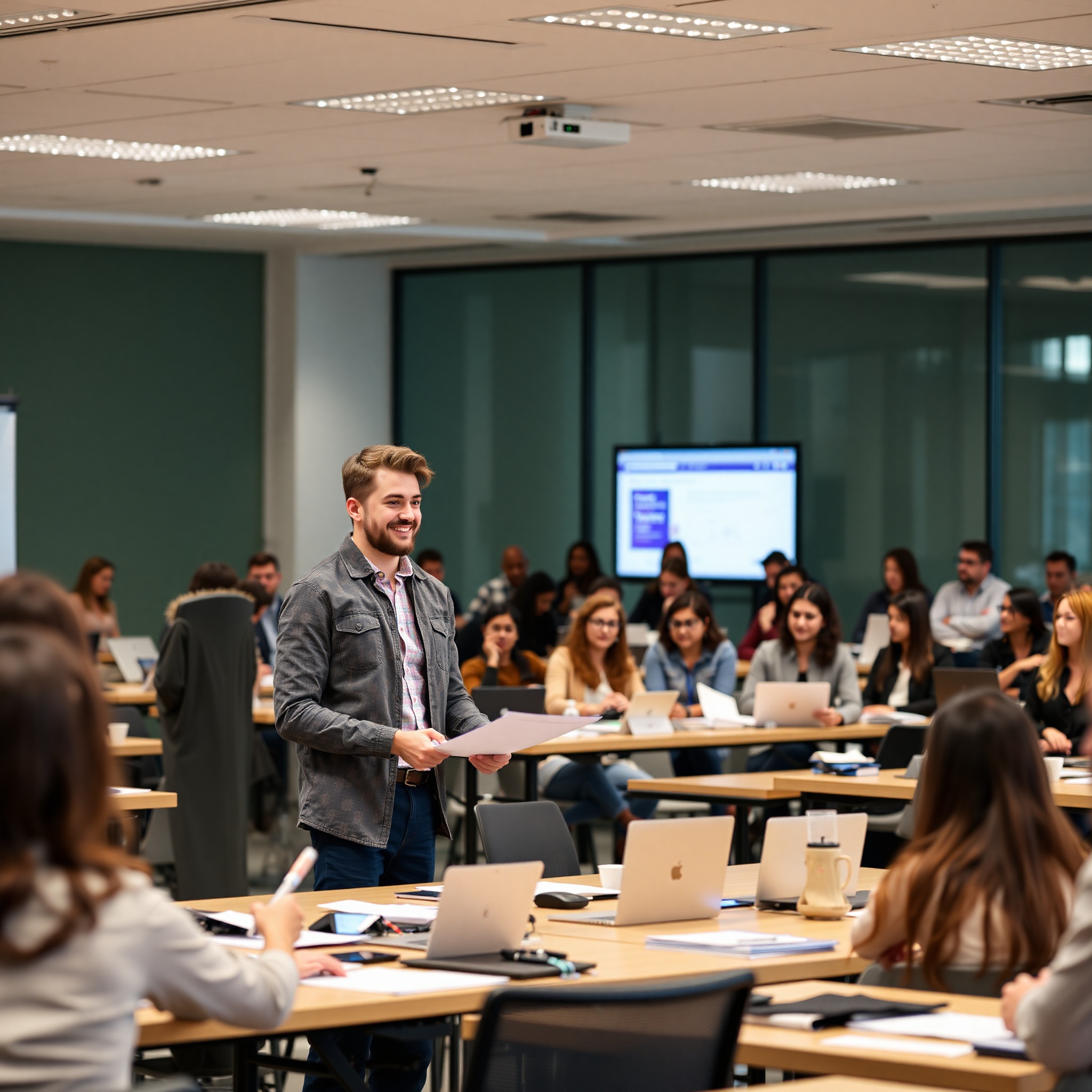 Professional participating in skills training workshop with instructor and learning materials