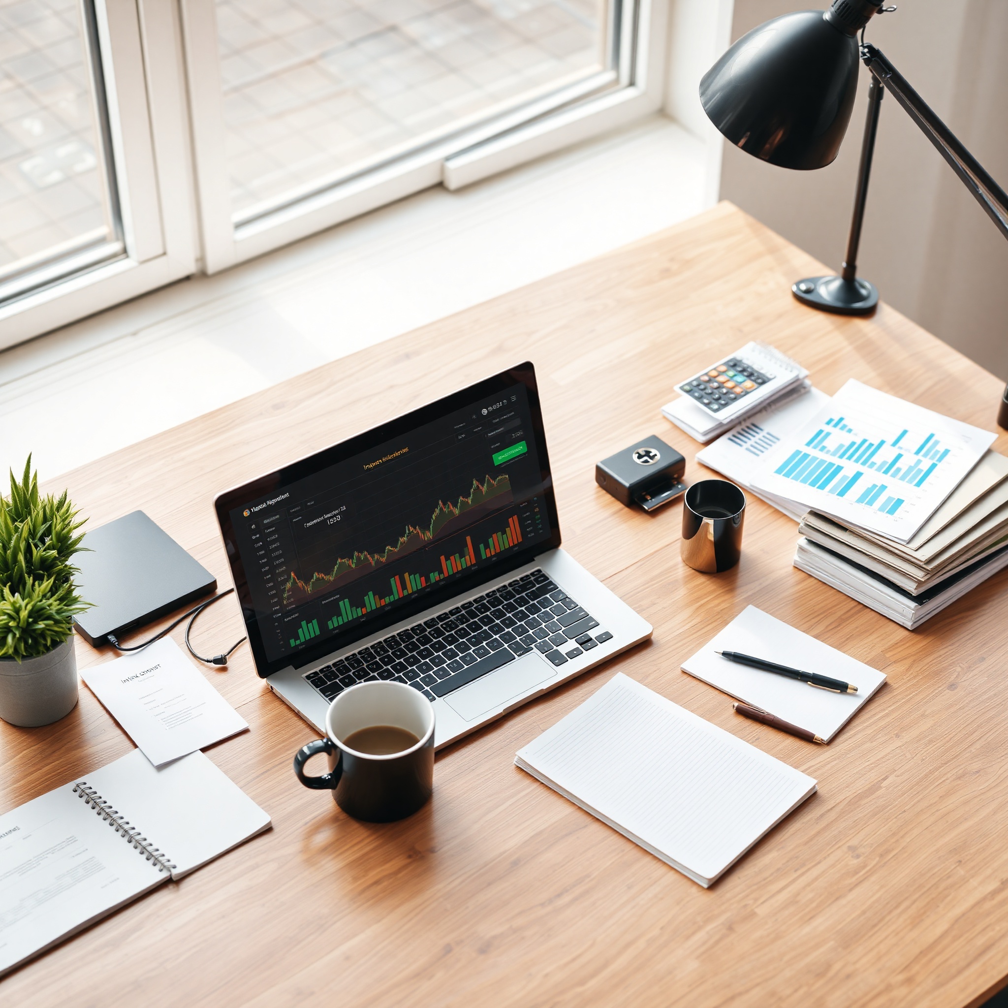Professional workspace with financial documents and investment portfolio displayed on laptop screen