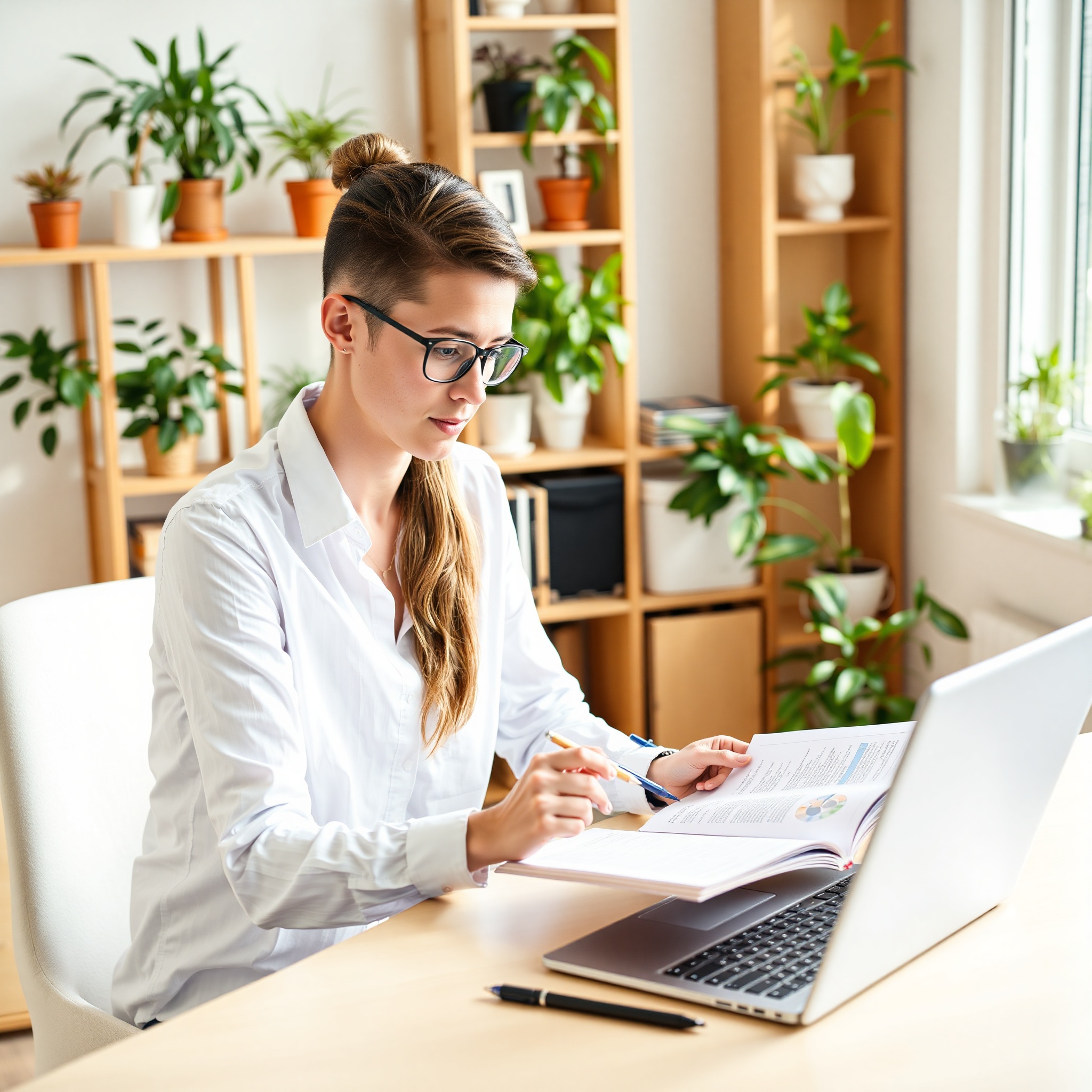 Entrepreneur studying online course on laptop while taking notes in home office setup with plants and natural light