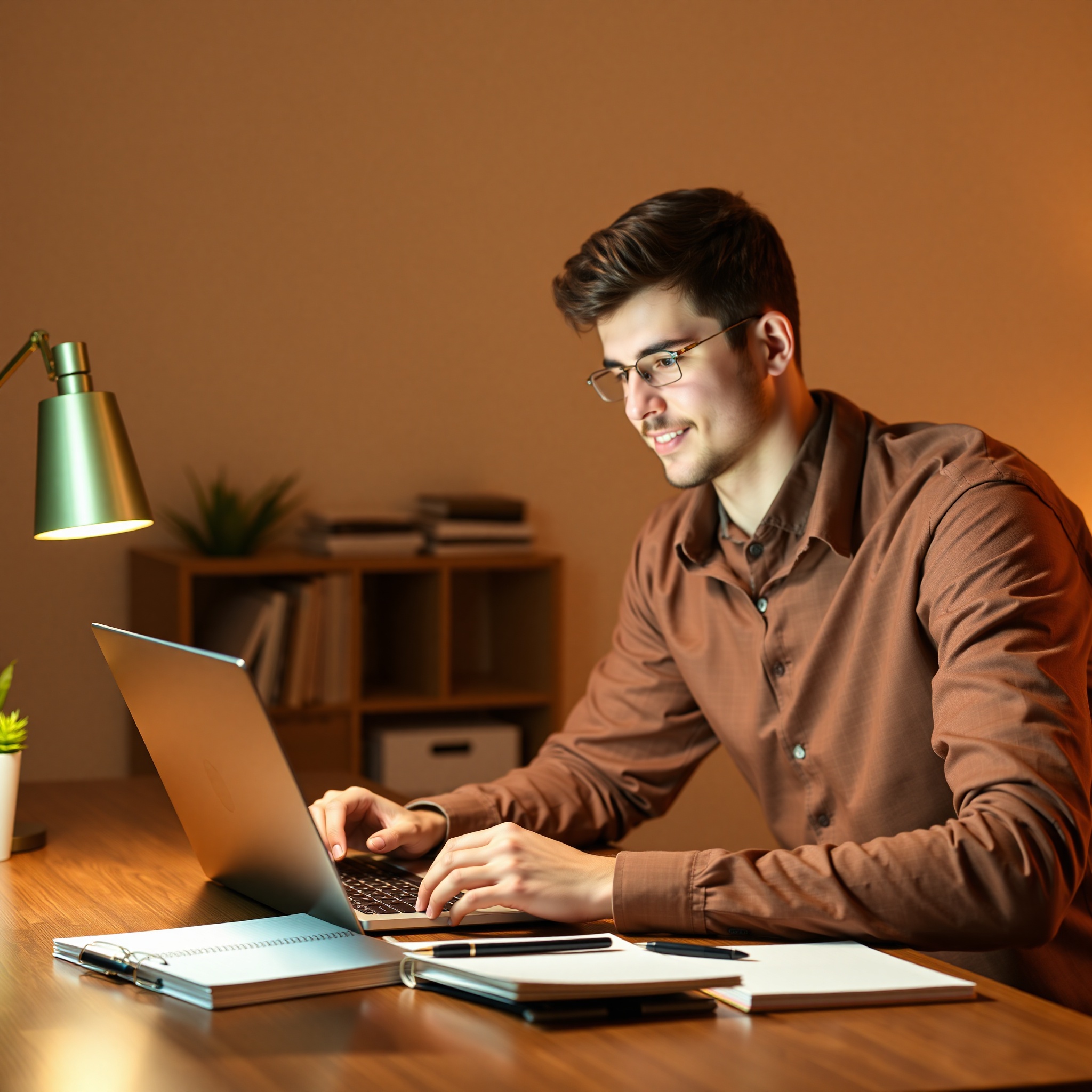 Student learning online course on laptop with notebook and pen